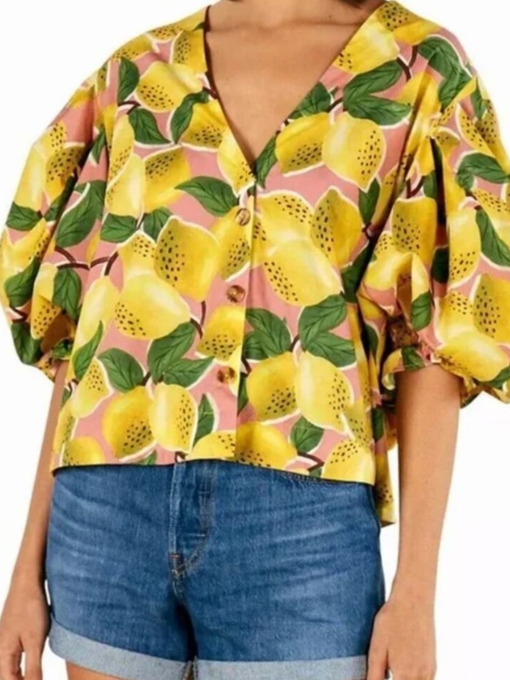 FARM Rio Fresh Lemons Puff Sleeve Button-Front V-Neck Top - Picture 2 of 10